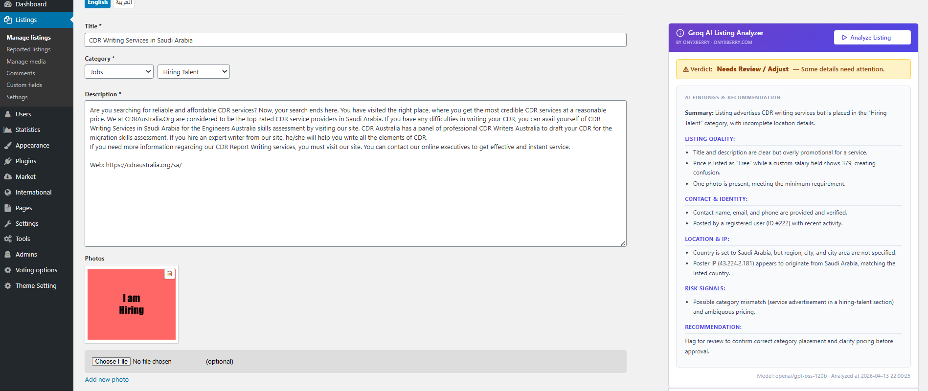 Groq AI Listing Analyzer — Osclass Admin Tool