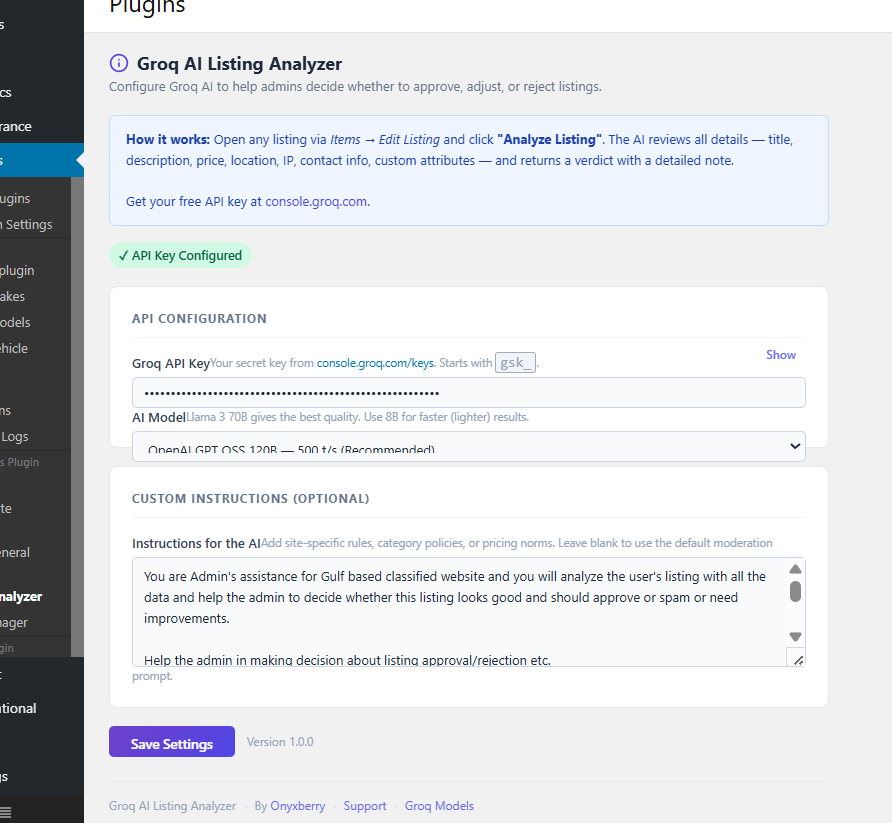 OSclass AI Listing Analyzer Configurations